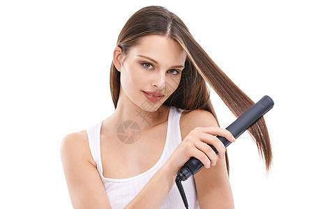 有护发 头发熨斗和美容肖像 美容护理和白色背景电动工具的妇女 直发 角蛋白和发型模型治疗 健康和美容图片