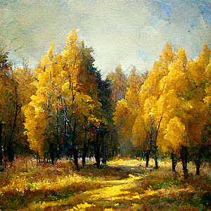 秋天森林地貌 秋季季节的多彩水彩画 绿树和黄树绿色叶子黄色橡木水彩棕色白色绘画插图漂移图片