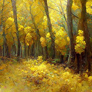 秋天森林地貌 秋季季节的多彩水彩画 绿树和黄树白色绿色艺术橡木漂移棕色黄色水彩叶子插图图片