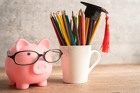 猪头银行戴眼镜 带彩色铅笔保存银行教育概念笔记本预算奖学金金融学生硬币大学学习学校计算器图片