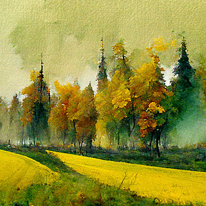 秋天森林地貌 秋季季节的多彩水彩画 绿树和黄树白色树叶橡木木头漂移艺术黄色绿色水彩插图图片