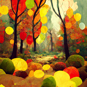 秋天森林地貌 秋季的多彩水彩画 红树 绿树和黄树棕色水彩叶子季节橡木树叶漂移白色卡通片绿色图片