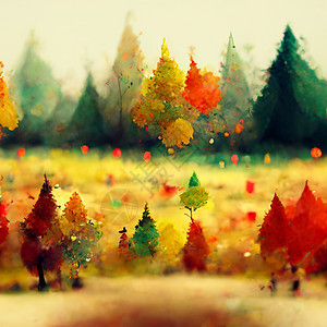 秋天森林地貌 秋季的多彩水彩画 红树 绿树和黄树绘画艺术橡木背景黄色绿色水彩插图季节木头图片