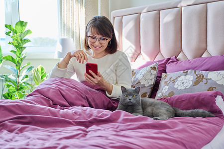 坐在床上的女人看着智能手机 带着宠物灰猫图片
