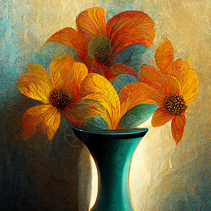 在阳光下在陶瓷花瓶中的橙色花束蓝绿色绘画水彩手绘插图植物植物学制品蓝色花园图片