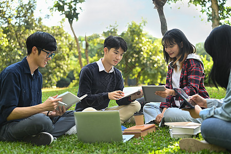 一群朋友 大学生阅读书 准备在校园绿草坪上参加考试的筹备者图片