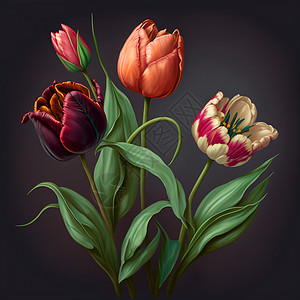 色彩多彩的郁金香花朵和绿色叶子 深色背景的新花朵水彩紫色植物艺术框架收藏橙子装饰插图花园图片