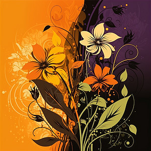 原始花卉设计配有异国花朵和热带叶 橙色背景的花朵多彩框架树叶分支机构水彩装饰叶子植物绘画紫色花园图片