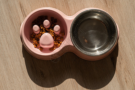 双碗吃慢饭 一碗狗水 粉红色板块的顶端景色 木地板上有干粮爪子报酬小狗盘子金属迷宫乐趣塑料食物地面图片