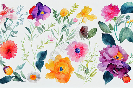 花花花束装水彩色的艺术品设计手绘绘画花瓣植物奶油邀请函婚礼树叶墙纸郁金香图片