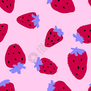 手绘水果手绘无缝图案草莓草莓 时尚的红色粉红色 80 年代 90 年代水果织物印花 明亮充满活力的现代夏季食品设计 墨色质感的厨房背景背景