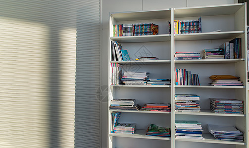 家庭共有公寓客厅共用设施图书馆 在白色书架上安排了不同书籍的藏书馆手册房间房子休息室货架学习架子装饰教科书区域图片