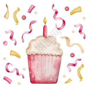 生日快乐蛋糕杯水彩色插图艺术蜡烛派对明信片奶油卡片食物绘画孩子问候语图片