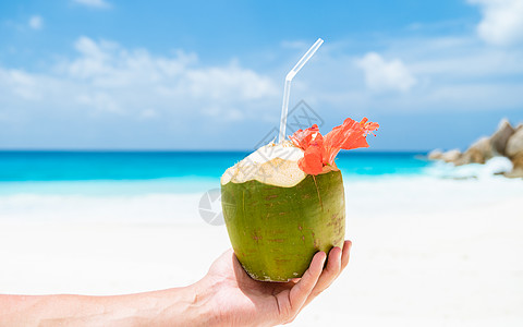 特饮在塞舌尔群岛的热带海滩La Digue上用手掌着椰子酒假期天线海岸线异国水果棕榈花岗岩天堂自由情调背景