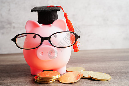 猪头银行戴眼镜 装有硬币和计算器 保存银行教育概念孩子黑发计算预算大学学习知识笔记本帐户眼镜图片