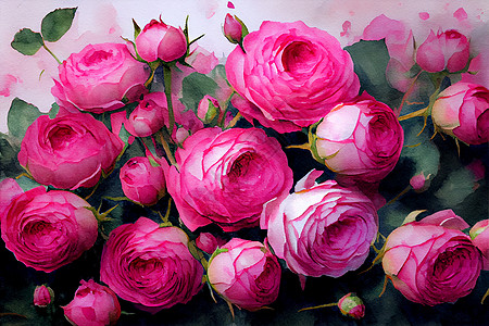 粉红面花束彩红色玫瑰牡丹花瓣植物学艺术手绘纺织品植物鲜花插图图片