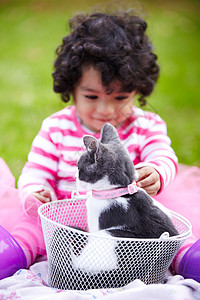 可爱的小女孩坐在草坪上 带着可爱的小猫在篮子里图片