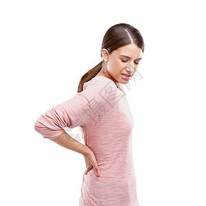 压力 倦怠或脊柱健康问题导致的女性 工作室和背痛在白色背景下被隔离 解剖学 纤维肌痛和按摩工作室中身体姿势不良或肌肉损伤的女性图片