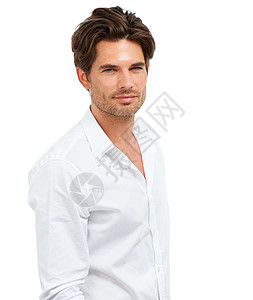 肖像 时尚和样机与男模特在工作室中以白色背景为衬衫风格 面对 自信和阳刚与英俊的年轻男性摆姿势 以促进空白广告空间图片