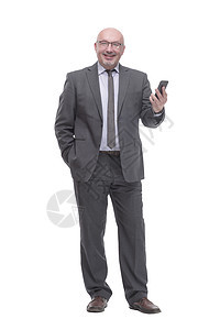 拥有智能手机的生意人 他是一个有智慧的商务人士技术领带秃头管理人员全身男性经理微笑商业正装图片