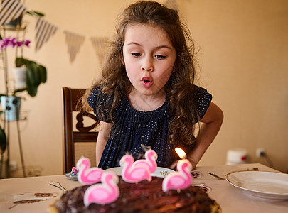 长卷发的可爱孩子 穿着优雅海军礼服的生日女孩 在生日蛋糕上吹着法拉明戈蜡烛图片