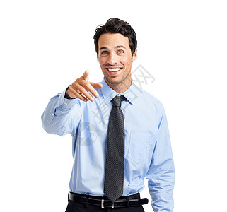 商务人士肖像 你或在就业机会 候选人选择或选择中指着工作室背景 微笑 快乐或选择工人手指投票或模型上的乐观手势图片