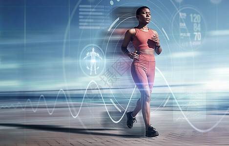 运动 健身和黑人女性跑步时使用未来派全息图 覆盖或双重曝光来促进心脏健康 健康 运动和女性跑步者 带有 ai 用于训练或锻炼的脉图片