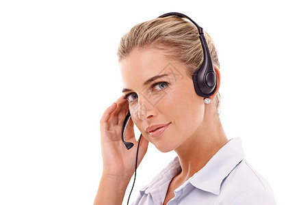 电话营销沟通 人脸肖像或女性咨询联系我们 CRM 客户支持或呼叫中心 白色背景工作室的电信麦克风 客户服务模型或顾问图片