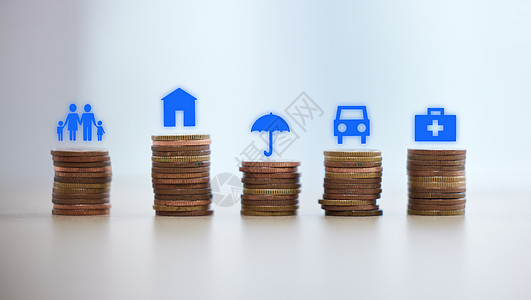 硬币堆栈 储蓄和 3d 标志 用于保险 财务安全和家庭未来规划 投资 金钱和现金 包括家庭 房屋和汽车 以说明安全 财务计划和目图片