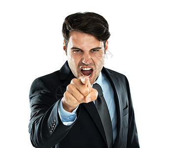 尖叫有白色背景的一名雇员的喊叫 手点和愤怒的商务人士画象 沮丧 愤怒和用手势大喊工作室的工作 压力和职业错误图片