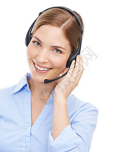 呼叫中心 客户服务和在以白色背景孤立的演播室里的妇女面部肖像模拟 Crm 联系我们和来自加拿大的快乐女性电话推销员 顾问或销售代图片