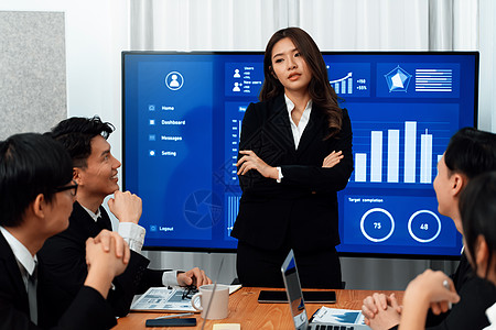 女商务人士在和谐办公室的屏幕上介绍仪表板数据的情况图表电视金融商业管理人员智能企业笔记本团队讨论图片