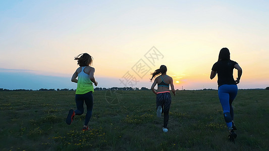 身穿太阳镜 紧身衣的年轻女子 在绿草原和田野上同步跑步 夏天 慢跑 日落图片