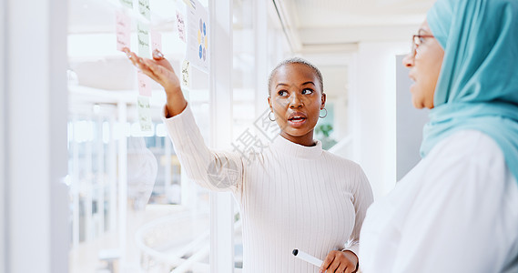 团队合作 商务人士和黑人女性的领导力 在办公场所贴有便利贴 指导 协作和女性员工在玻璃墙上集思广益销售或营销策略女士办公室领导公图片