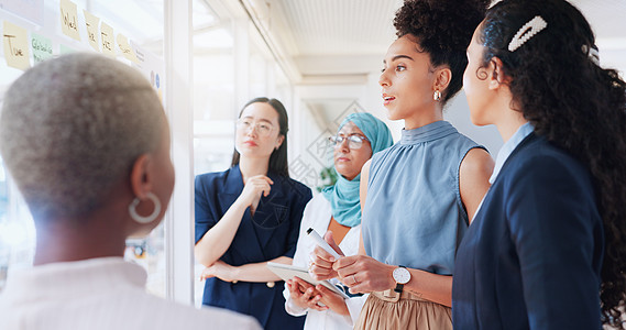 会议中的便条 计划和商业女性坐在办公室里 在玻璃墙上集思广益销售 广告或营销策略后 团队合作 协作和一群人坐在一起图片