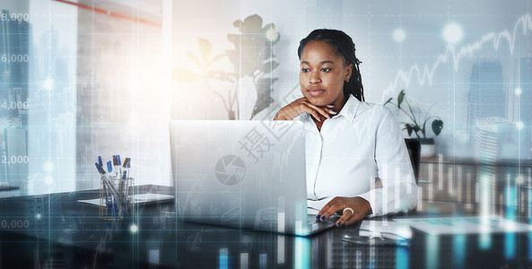 投资管理 股票市场交易或保险创新中的女性 笔记本电脑或未来金融图表 公司目标的想法的财务工作者 3d成长摘要或者技术分析法图片