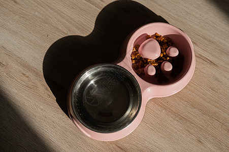 双碗吃慢饭 一碗狗水 粉红色板块的顶端景色 木地板上有干粮美味地面动物金属饮食爪子盘子宠物食物塑料图片