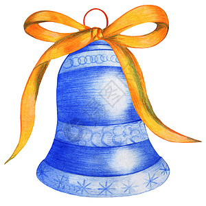 圣诞钟由白色背景的彩色笔孤立而成季节插图手绘草图装饰品铅笔派对蓝铃绘画假期图片