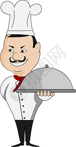 主厨厨烹饪胡子插图盘子服务餐厅厨房微笑概念食物图片