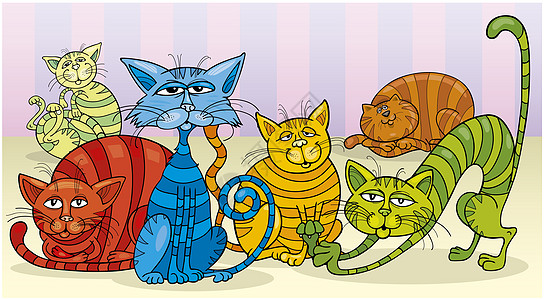 彩色猫猫群朋友团体动物说谎胡须卡通片尾巴漫画猫咪宠物图片