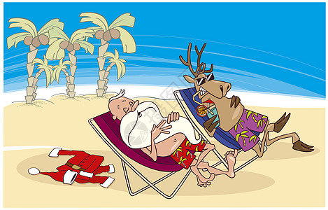 Santa和驯鹿在海滩上休息图片