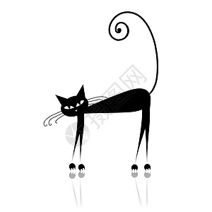 用于设计黑猫的轮廓图眼睛绘画宠物乐趣爪子反射草图猫咪胡须艺术图片