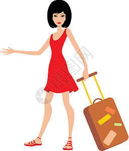 穿红裙子的手提箱的女人图片