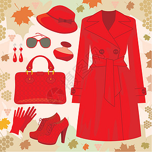 红色衣服的女人秋季时装集香水太阳镜耳环女性枫叶高跟鞋设计师外衣绘画帽子设计图片