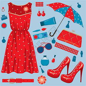 红色衣服的女人时装组腰带衣服高跟鞋精品收藏香水库仑美容师绘画插图设计图片