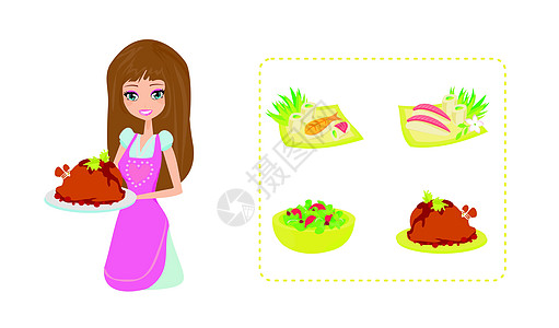 日本服务员美丽的女士烹饪食物火鸡沙拉盘子服务员寿司设计图片