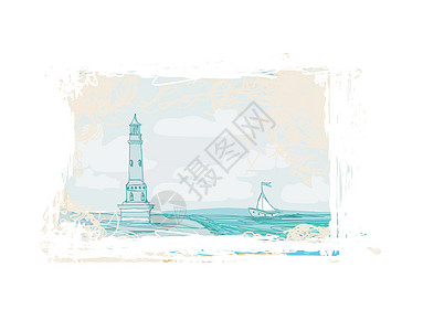 从一个小海滩上看见的灯塔旅行海岸线海洋天空涂鸦石头波浪海岸导航卡片图片