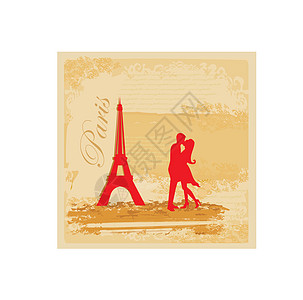 在巴黎的浪漫情侣亲吻埃菲尔铁铁回流卡女性男性城市拥抱场景旅游日落游客男人女士图片