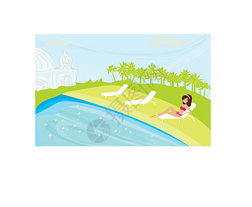女孩和热带雨林的矢量图像游泳孤独蓝色泳装反射插图娱乐绿洲海景棕榈图片