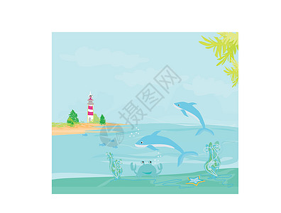 从一个小海滩上看见的灯塔石头日落航行蓝色房子导航港口假期海岸线指导图片